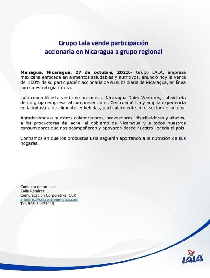 Grupo Lala vende el 100 % de su operación en Nicaragua y recorta su negocio en Centroamérica Grupo Lala vende el 100 % de su operación en Nicaragua y recorta su negocio en Centroamérica