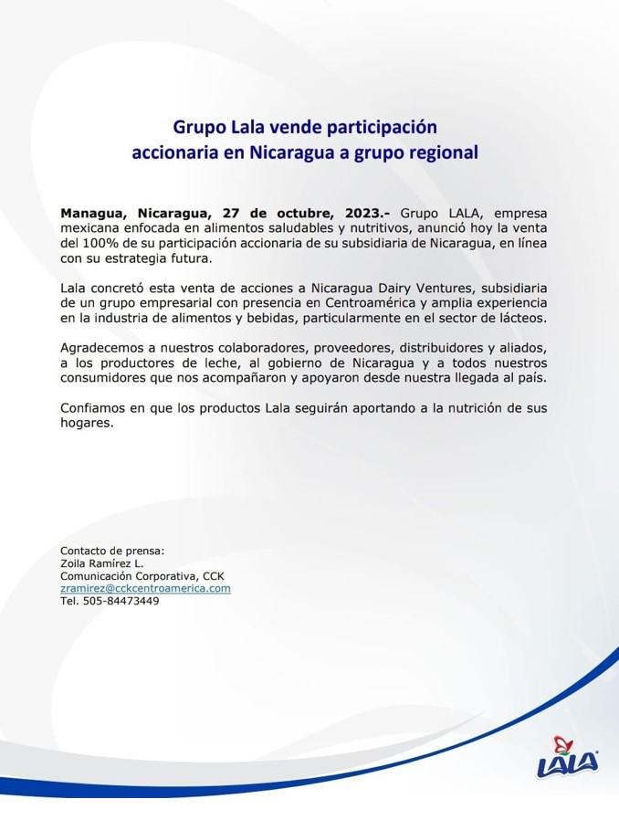 Grupo Lala vende el 100 % de su operación en Nicaragua y recorta su negocio en Centroamérica