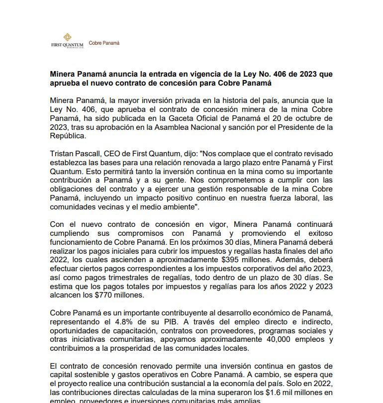 Panamá: First Quantum celebra nuevo contrato y manifestantes siguen en calles Panamá: First Quantum celebra nuevo contrato y manifestantes siguen en calles