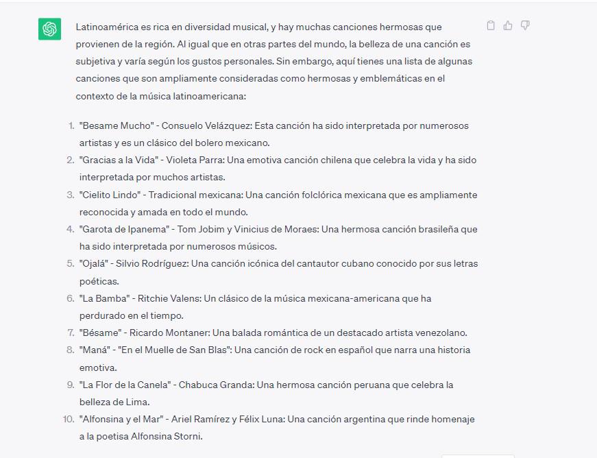 <i>Este listado corresponde a la pregunta: ¿Cuáles son las canciones más bonitas de Latinoamérica?</i>