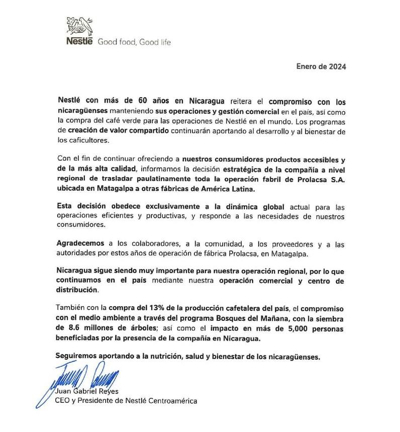 Nestlé reduce operación en Nicaragua Nestlé reduce operación en Nicaragua