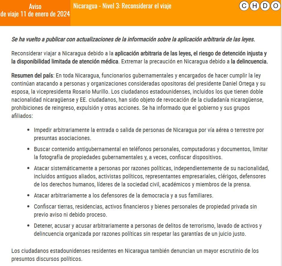 Estados Unidos alerta a sus ciudadanos sobre viajar a Nicaragua