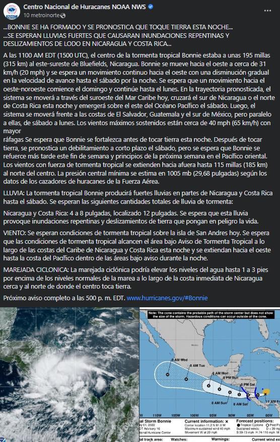 Depresión dos se convierte en Tormenta Tropical Bonnie