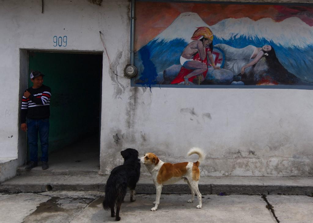 <i>Un hombre junto a un mural realizado en honor a los volcanes Popocatépeltl e Iztaccíhuatl en Santiago Xalitzintla, Estado de Puebla, México, el 25 de mayo de 2023. Foto por CLAUDIO CRUZ / AFP</i>