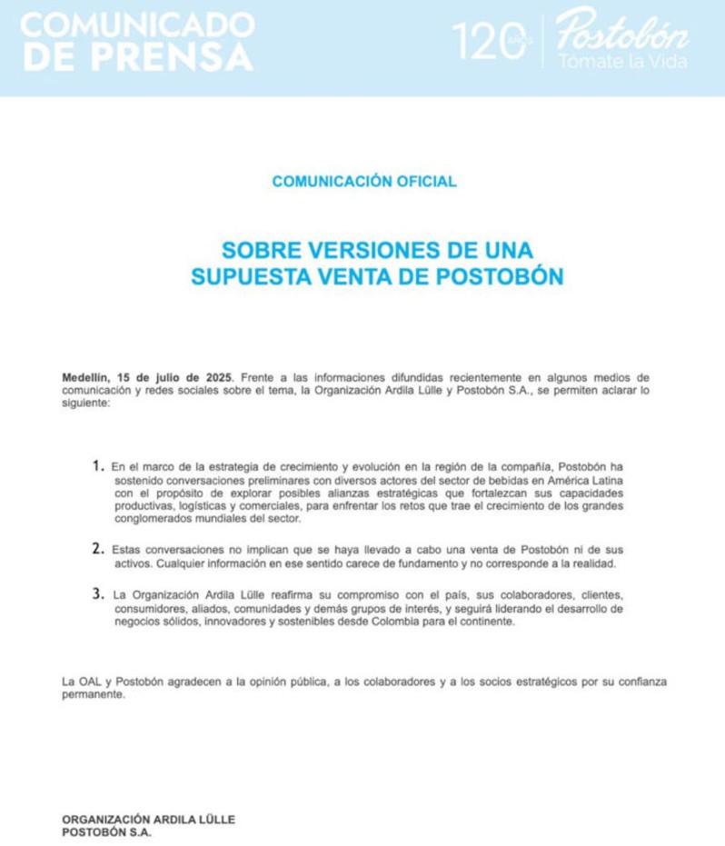 Postobón descarta venta, pero confirma que busca ‘aliado estratégico’ Postobón descarta venta, pero confirma que busca ‘aliado estratégico’