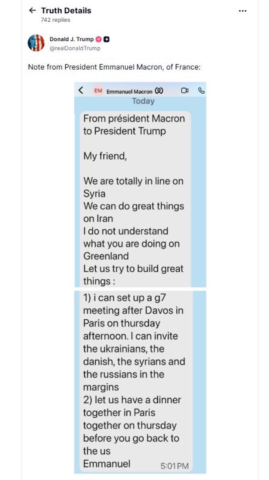 <i>Captura del mensaje publicado por el presidente de EE.UU. en su red social Truth en el que filtra el contenido del mensaje privado que le envió el presidente francés, Emmanuel Macron, en el que asegura No entiendo qué estás haciendo con Groenlandia y le ofrece una reunión del G-7 en París después de Davos. Trump también difundió mensajes privados del secretario general de la OTAN, Mark Rutte, en el que este alaba su labor en Siria y asegura estar comprometido a encontrar una vía de avance en Groenlandia. EFE/ Red Social Truth</i>