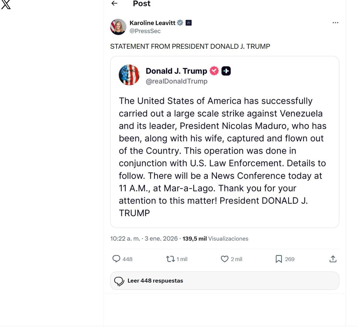 <i>El presidente estadounidense, Donald Trump, ha ordenado atacar objetivos dentro de Venezuela, incluidos militares, en una escalada de su campaña de presión al régimen de Nicolás Maduro, según ha confirmado él mismo en la red Truth Social. EFE/Truth Social </i>