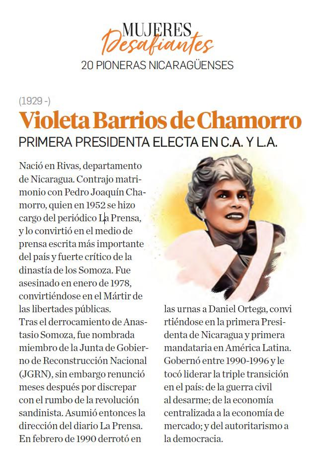 Violeta Barrios de Chamorro, la nicaragüense que desafió paradigmas y abrió brecha Violeta Barrios de Chamorro, la nicaragüense que desafió paradigmas y abrió brecha