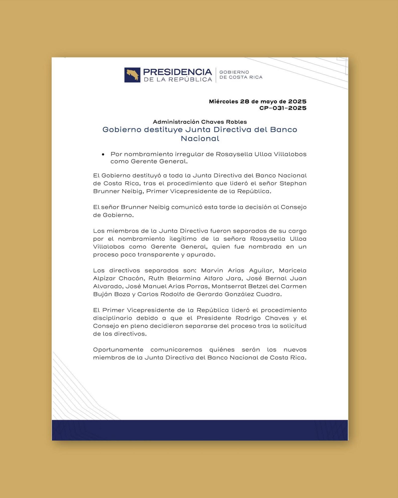 Gobierno costarricense destituye a la Junta Directiva del Banco Nacional Gobierno costarricense destituye a la Junta Directiva del Banco Nacional