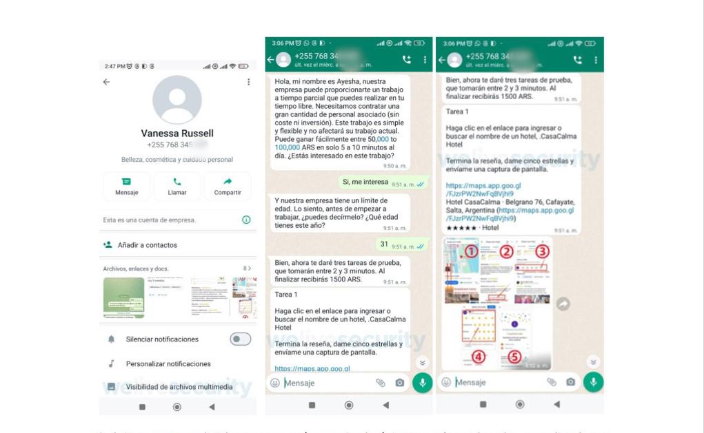 <i>Cuenta de WhatsApp que envía mensaje a la víctima para ofrecer el empleo. Se explica algunas particularidades del empleo/estafa que ofrece.</i>